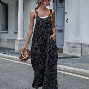 Polka dot slant pockets tie shoulder jumpsuit